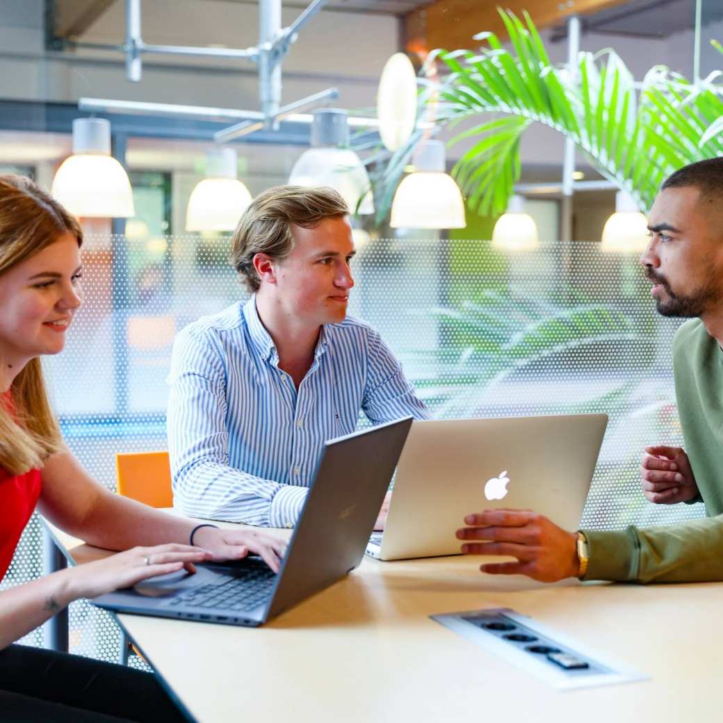 Facility Management, foto 8476, studenten samenwerken op laptop in zwevend hokje