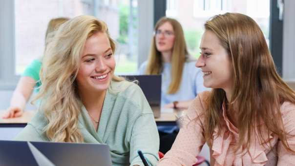 Studenten van hbo bedrijfskunde in het lokaal aan het werk met de laptop