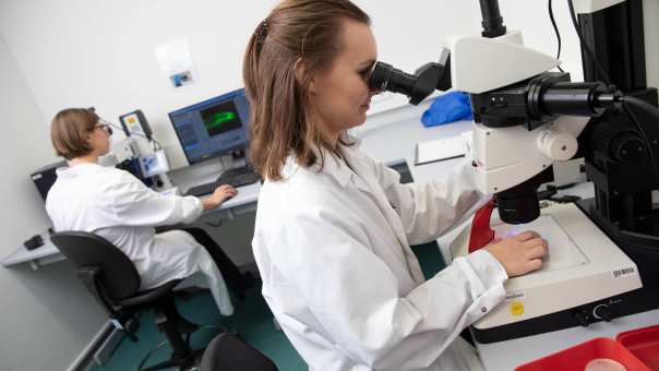 Student in een witte jas kijkt door een microscoop