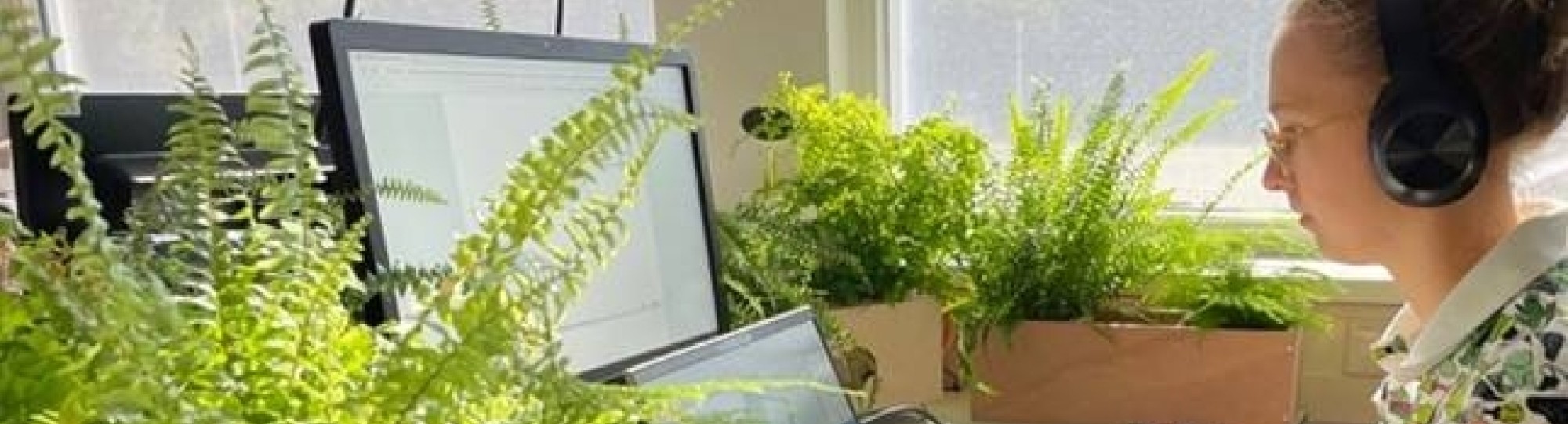 Stagiair Emma Kok in een groende kantooromgeving in het kader van het project Gezonde Werkplek